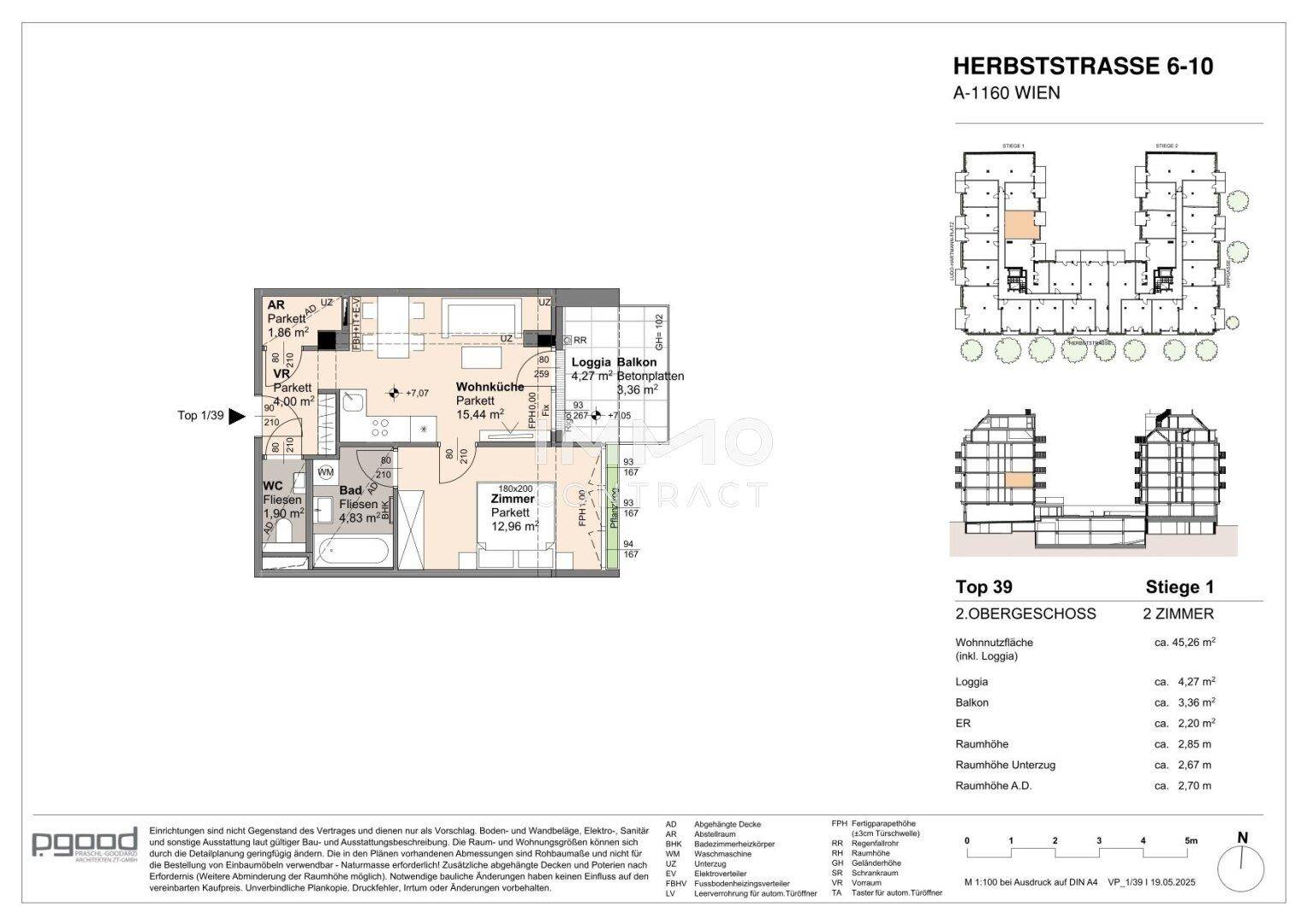 Detaillierter Grundriss einer 2-Zimmer-Wohnung im 2. Obergeschoss mit Loggia und Balkon.