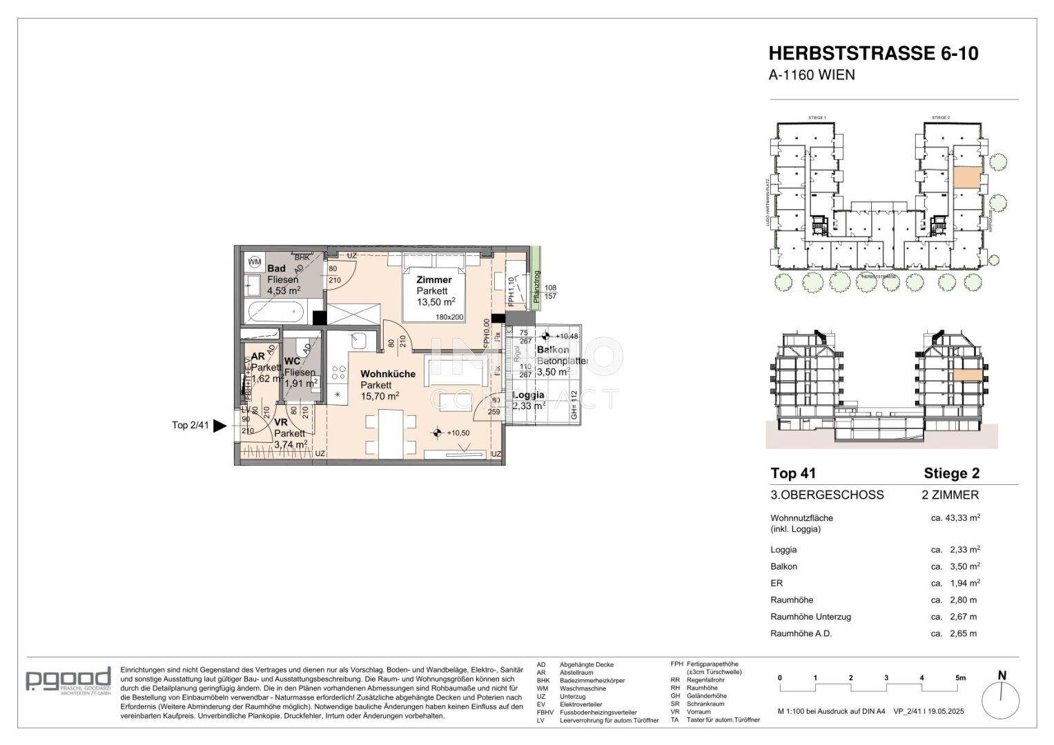 Grundriss der Wohnung Top 41 im 3. Obergeschoss mit Wohnküche und Loggia.