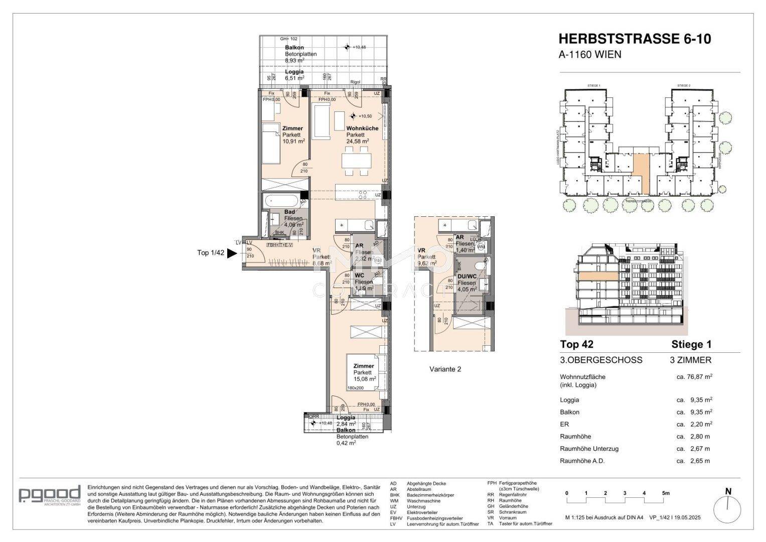 Detaillierter Grundriss einer 3-Zimmer-Wohnung im 3. Obergeschoss mit Loggia und Balkon.