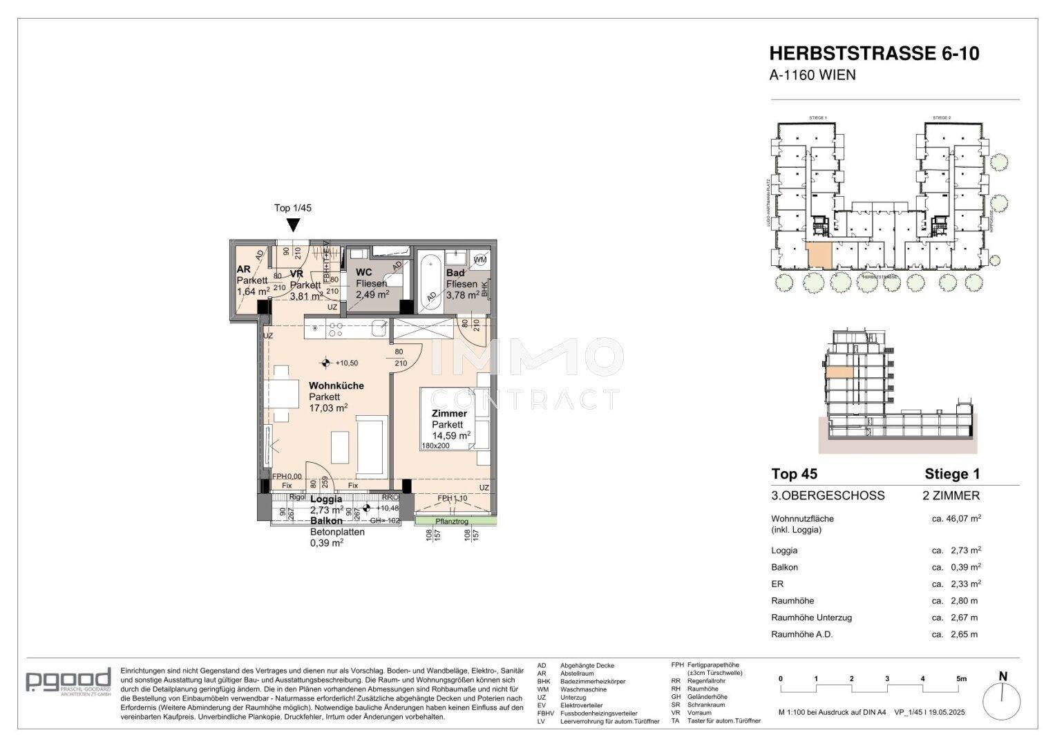 Grundriss der Wohnung Top 45 im 3. Obergeschoss mit Loggia und Balkon.