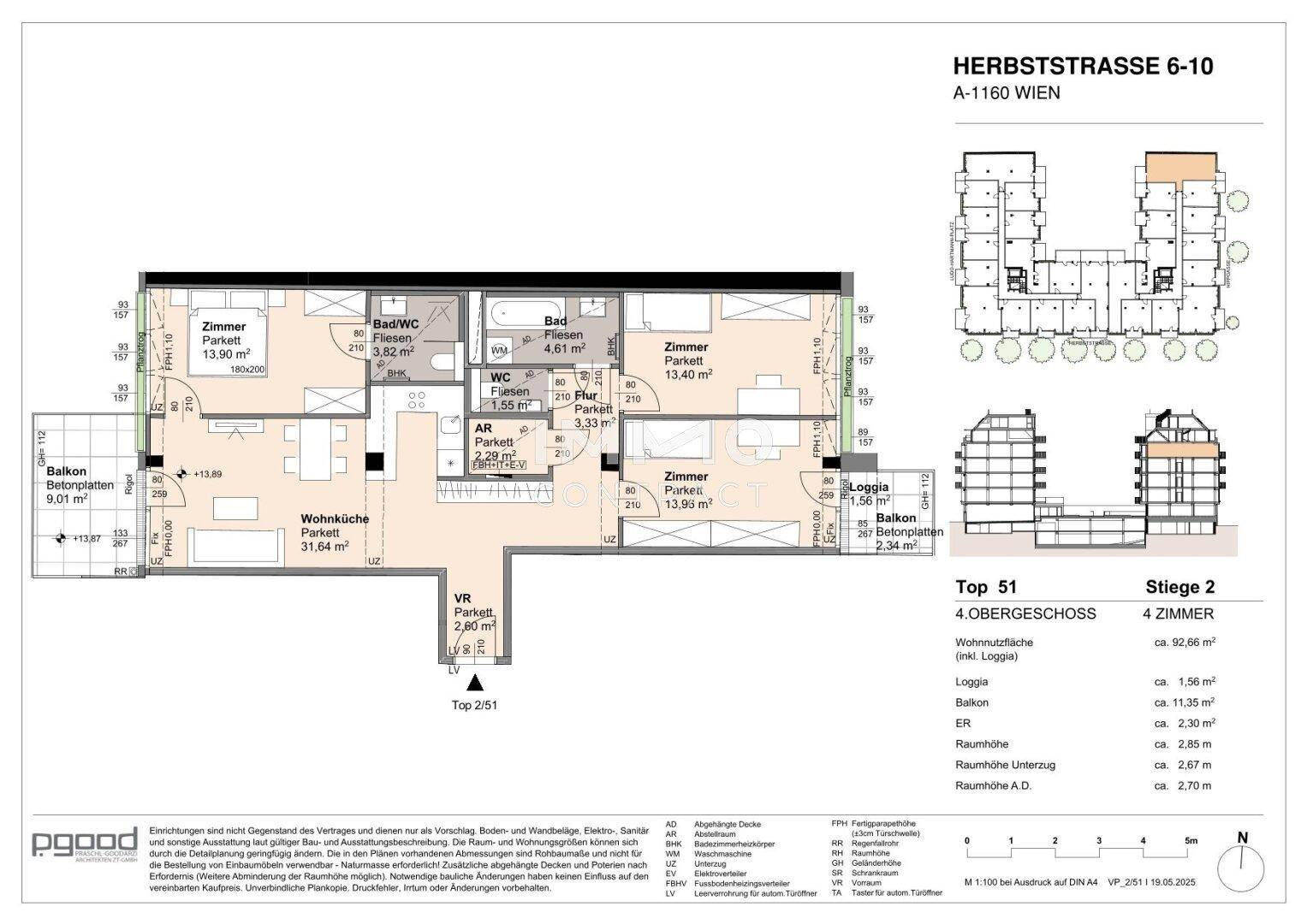 Grundriss einer 4-Zimmer-Wohnung im 4. Obergeschoss mit Balkon und Loggia.