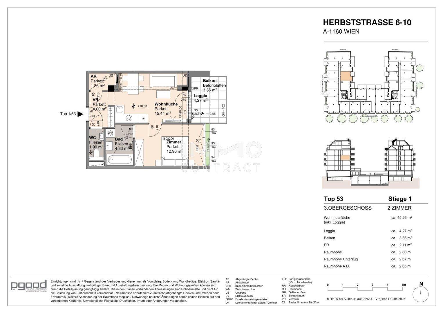 Grundriss einer 2-Zimmer-Wohnung im 3. Obergeschoss mit Loggia und Balkon.