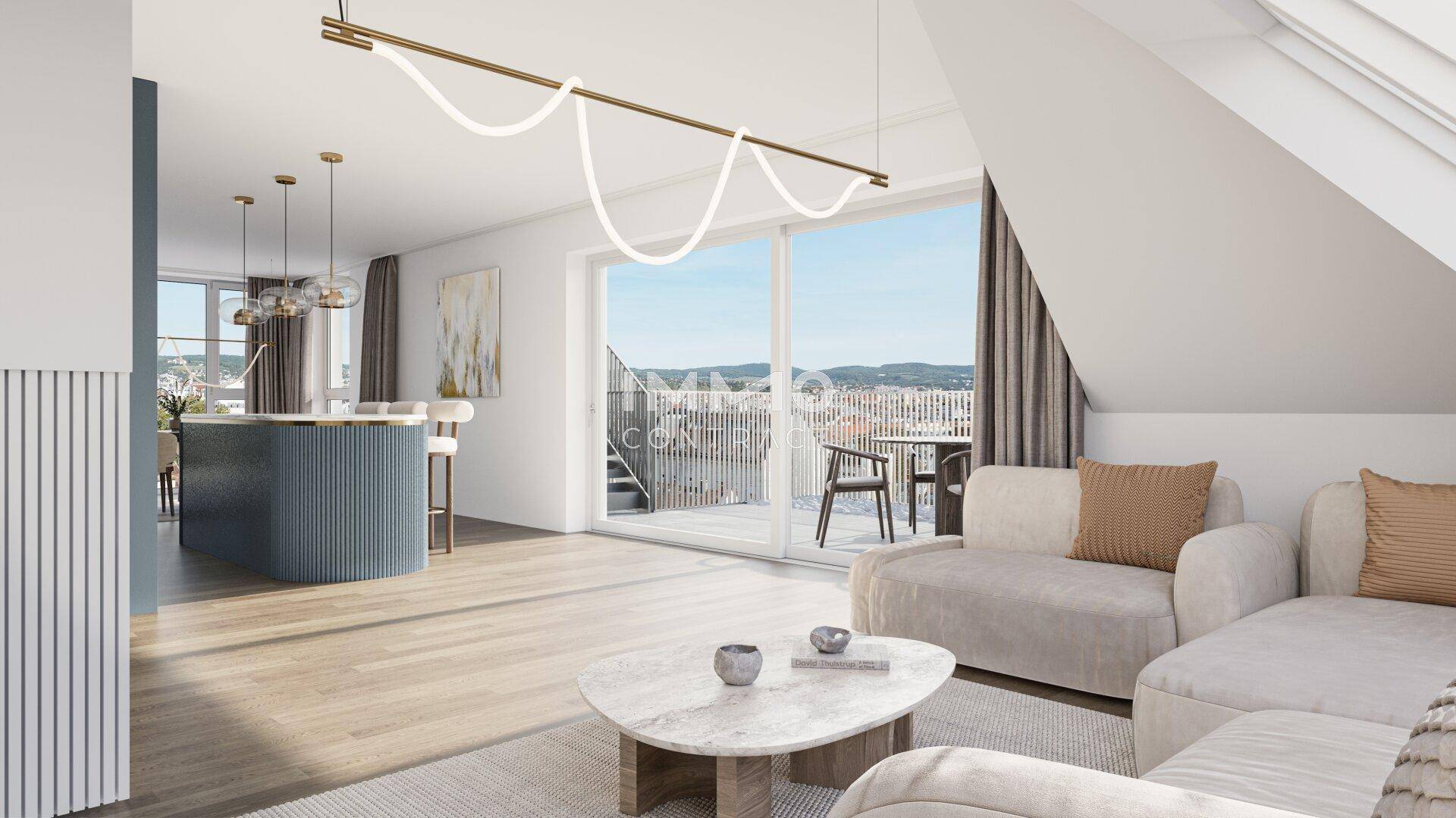 Geräumiger offener Wohnbereich mit Dachschräge, moderner Bar und Zugang zur Terrasse.