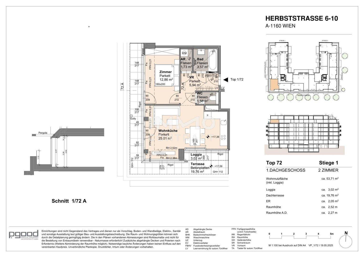 Grundriss einer 2-Zimmer-Wohnung im Dachgeschoss mit Loggia und Terrasse.