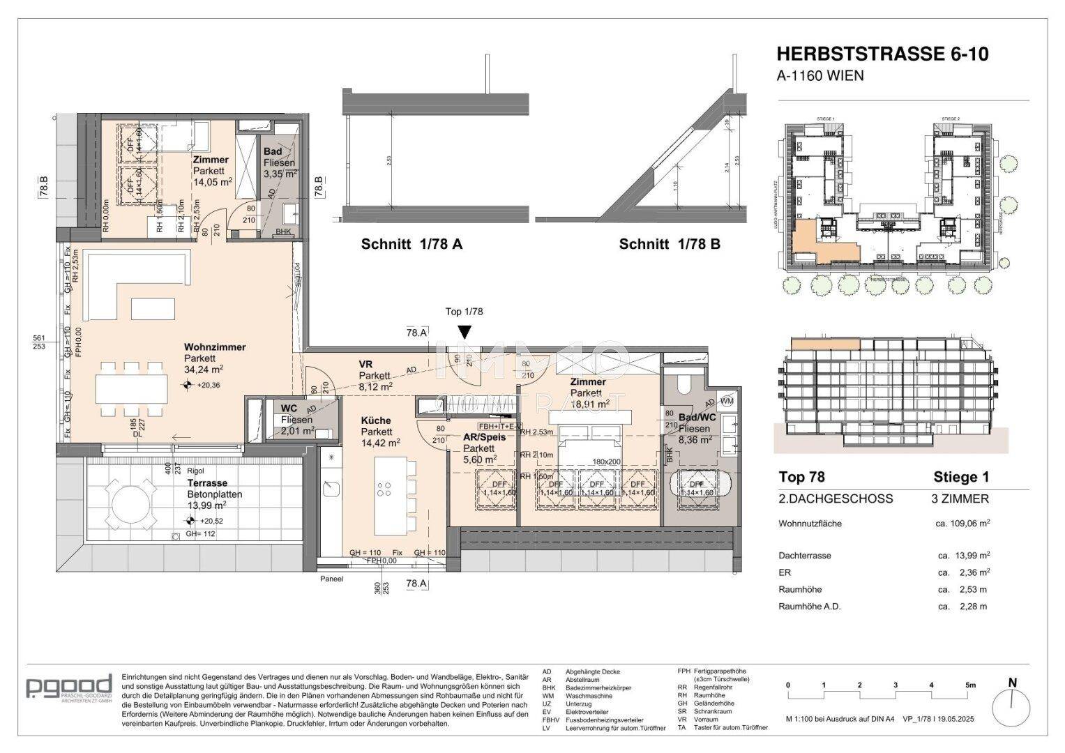 Grundriss der Dachgeschosswohnung Top 78 mit drei Zimmern, großer Terrasse und Dachschrägen.