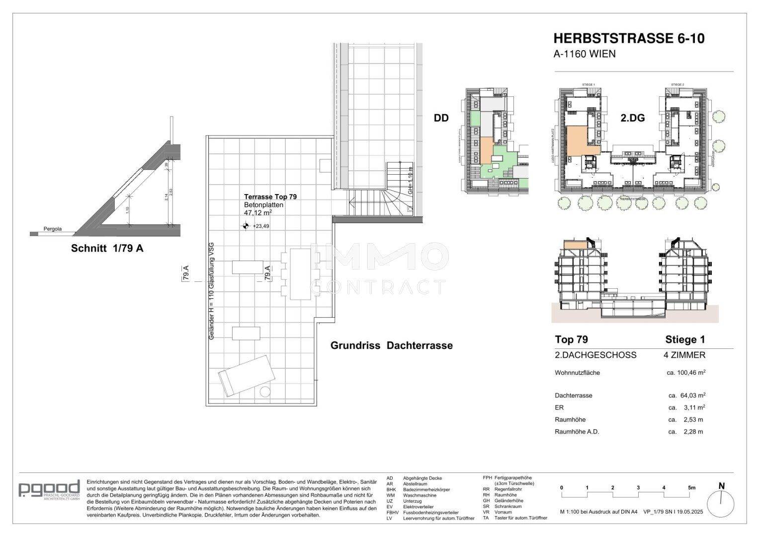 Grundriss der Dachterrasse mit Schnittansicht und weiteren Detailplänen der Wohnung.