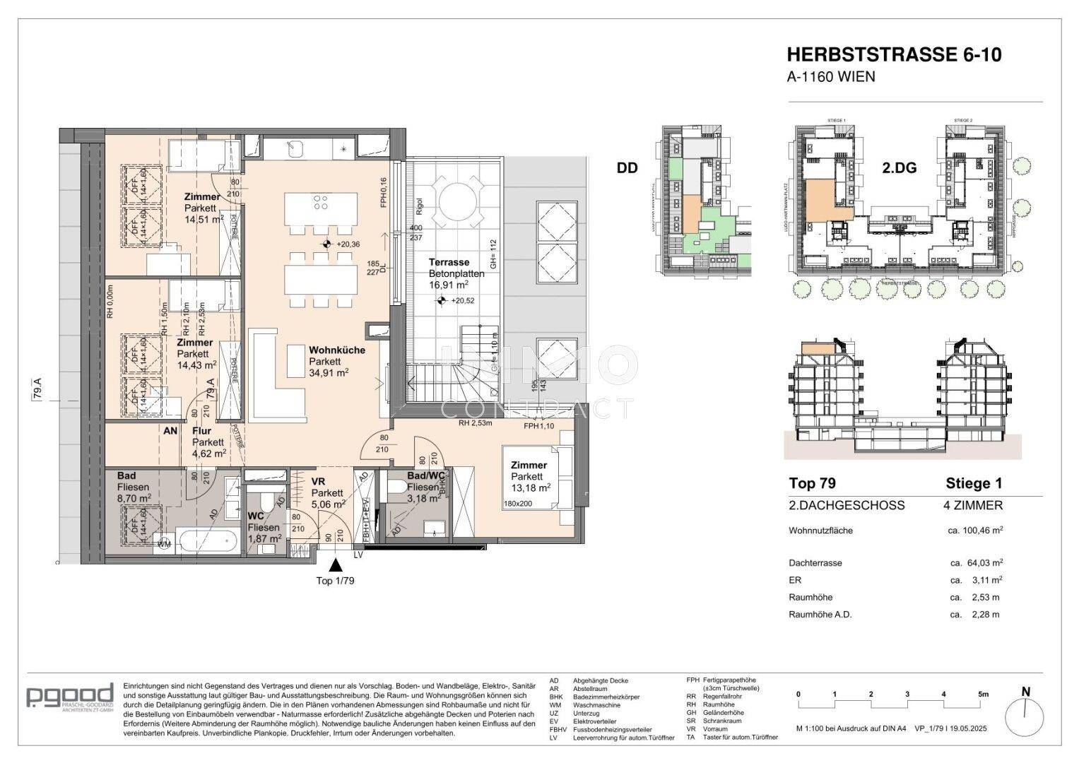 Detaillierter Grundriss einer Dachgeschosswohnung mit drei Zimmern, zwei Bädern und einer großen Terrasse.