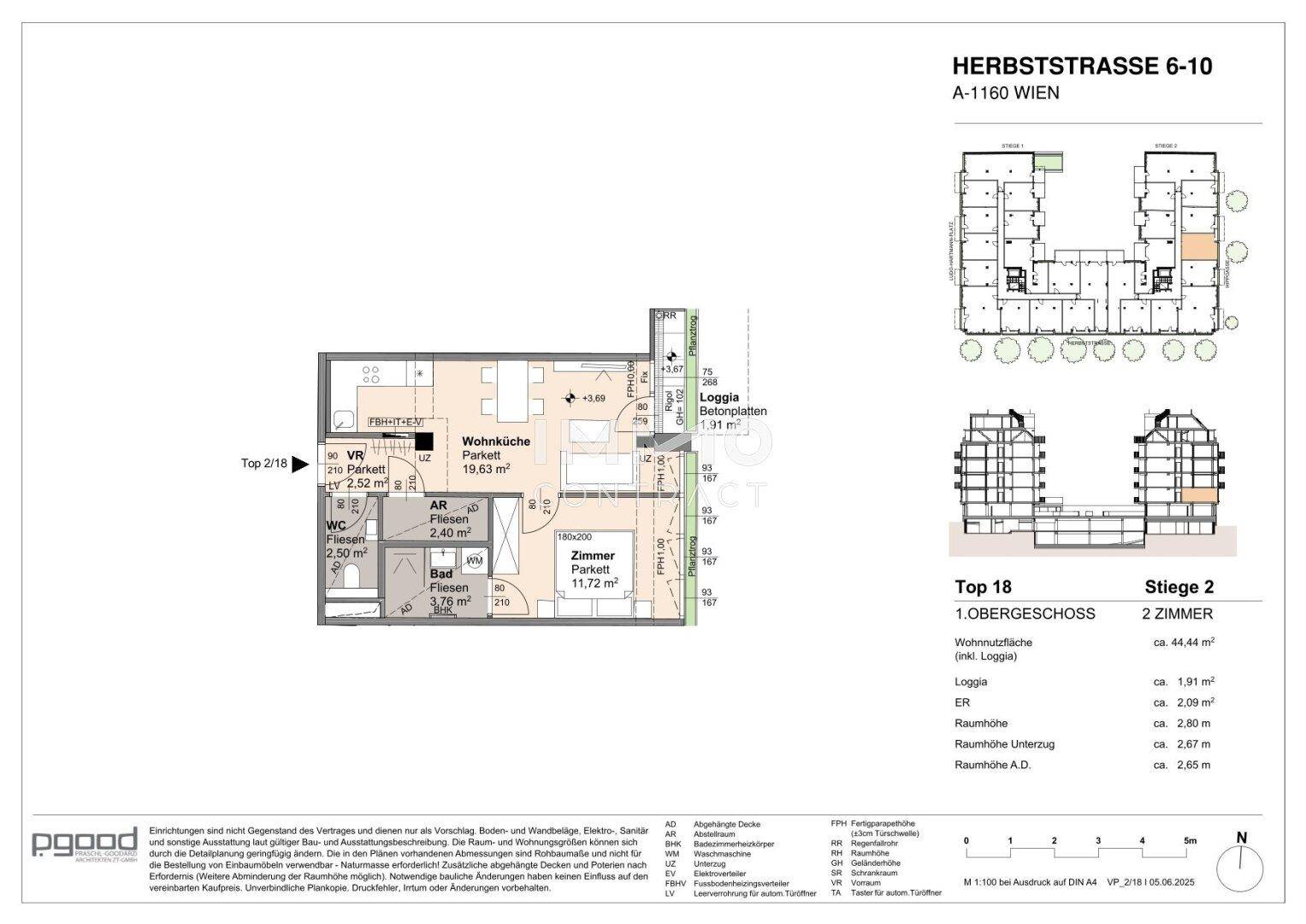 Grundriss einer 2-Zimmer-Wohnung im Obergeschoss mit Loggia.
