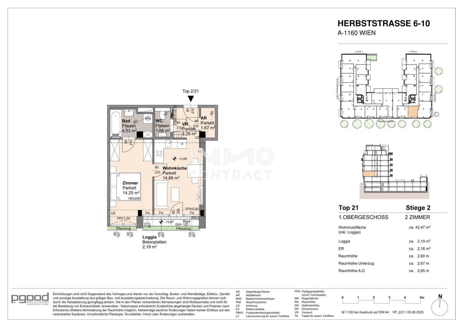 Detaillierter Grundriss einer Zweizimmerwohnung mit Loggia und Bad.