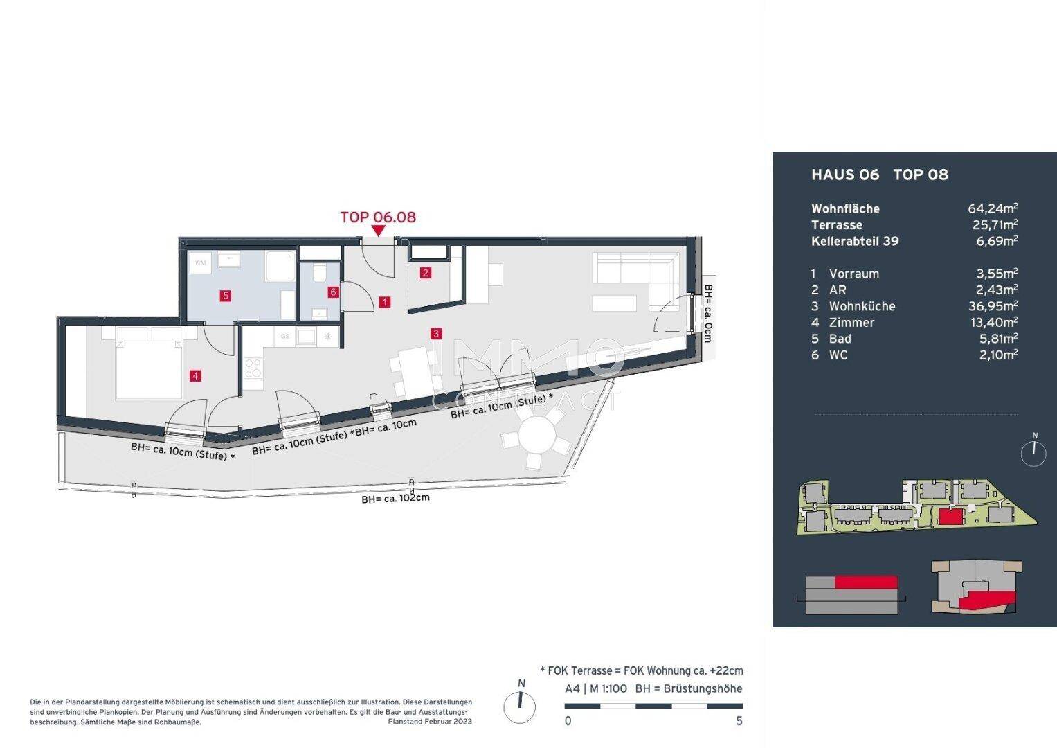 Grundriss der Wohnung Top 08 mit Wohnküche, Terrasse und Kellerabteil.