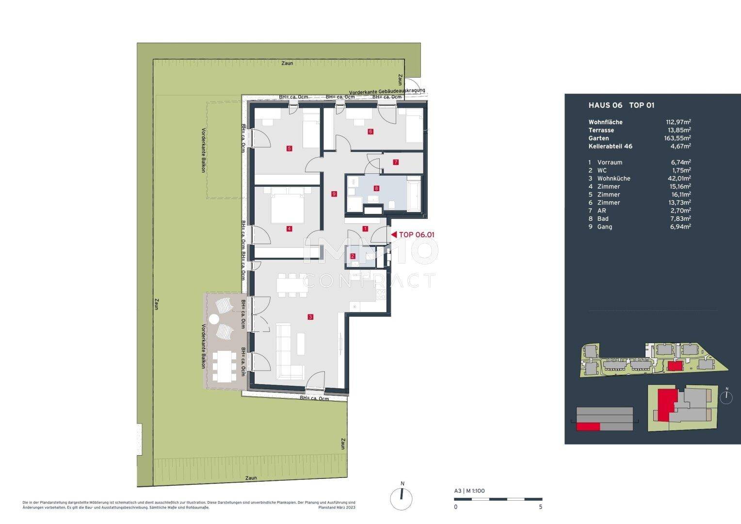 Detaillierter Grundriss von Haus 06 Top 01 mit Wohnküche, Terrasse und Garten.