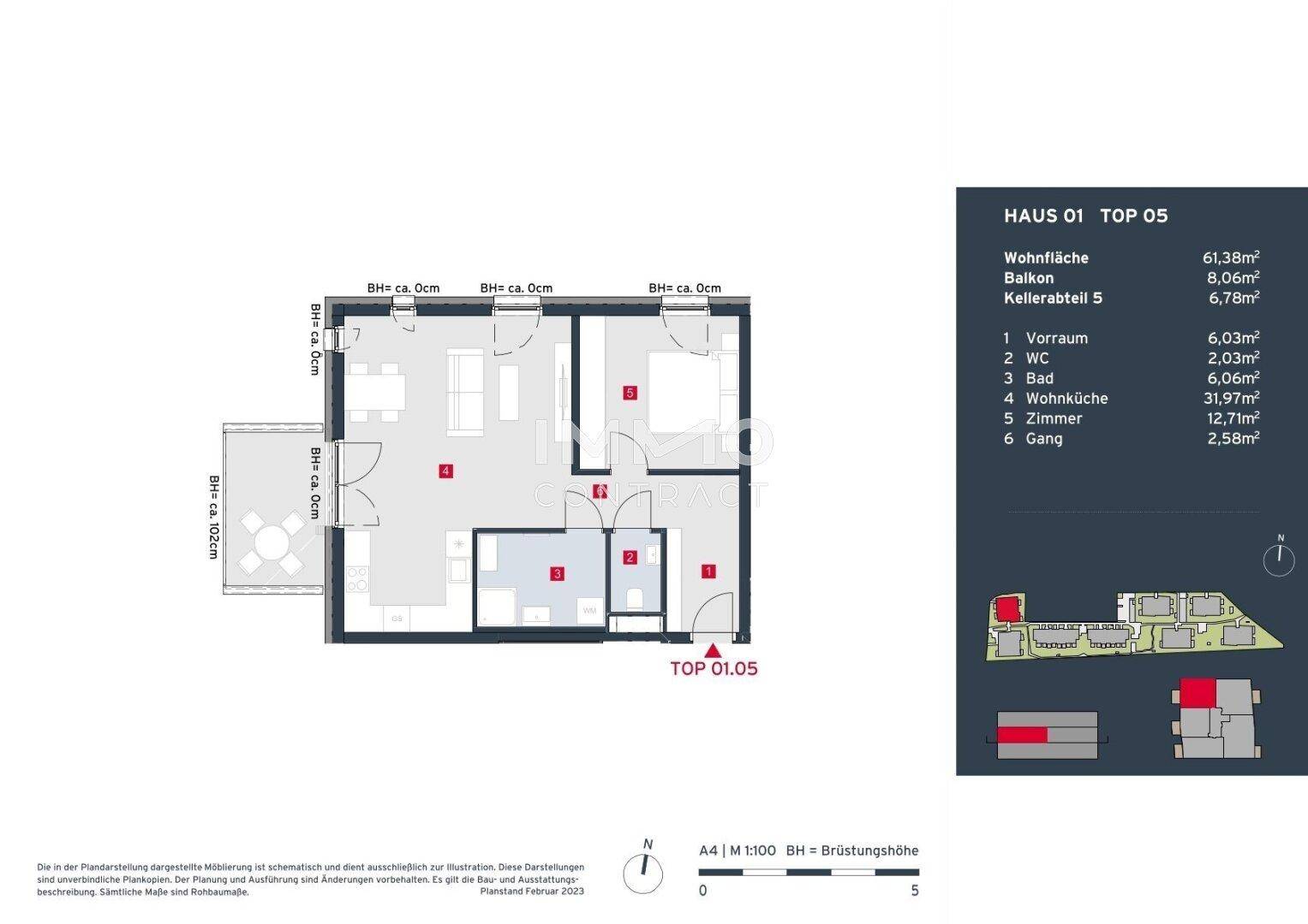 Detaillierter Grundriss einer Wohnung mit Balkon und separatem WC, inklusive Flächenangaben.