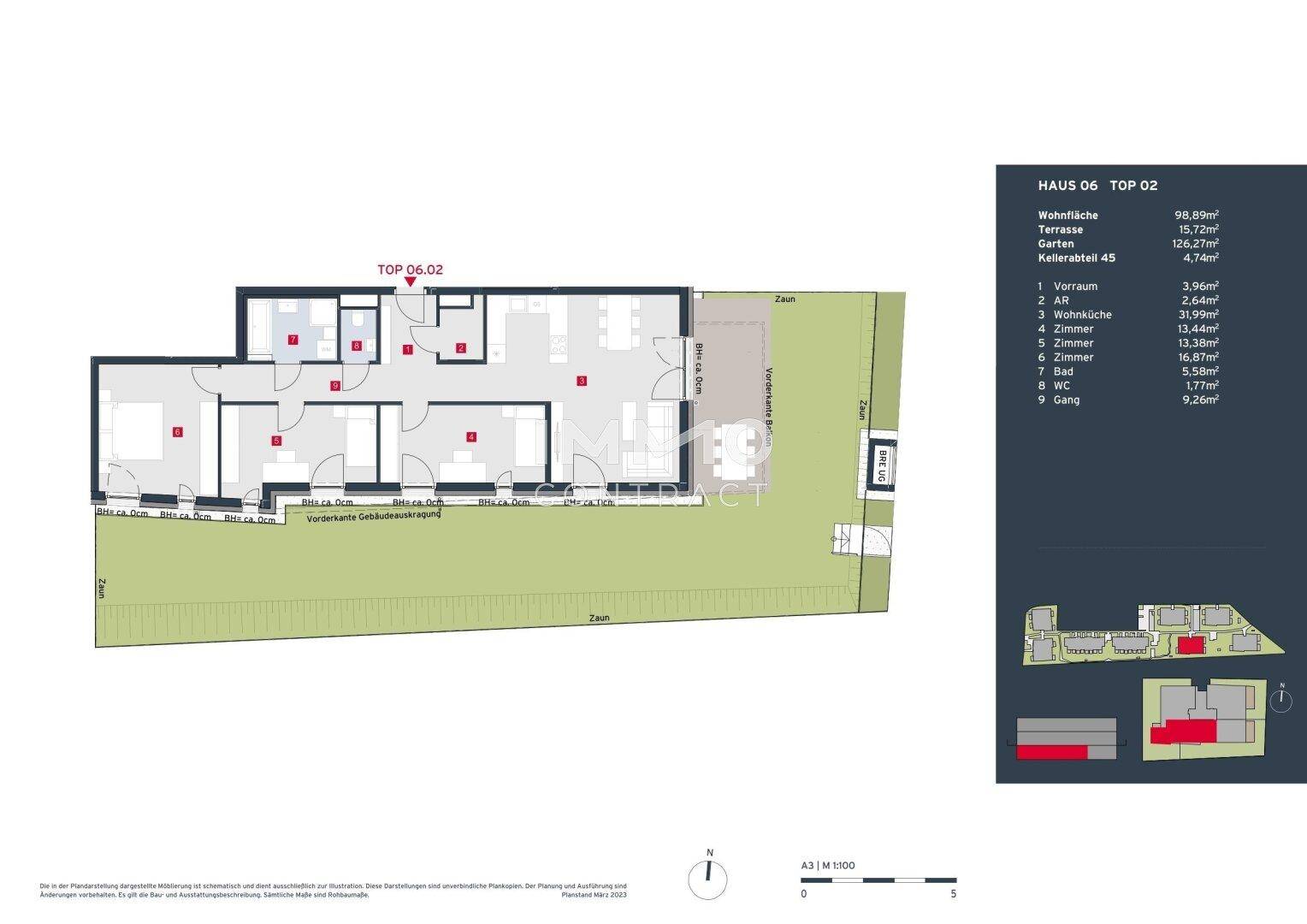 Grundriss der Wohnung TOP 06.02 mit Terrasse und Gartenanteil.