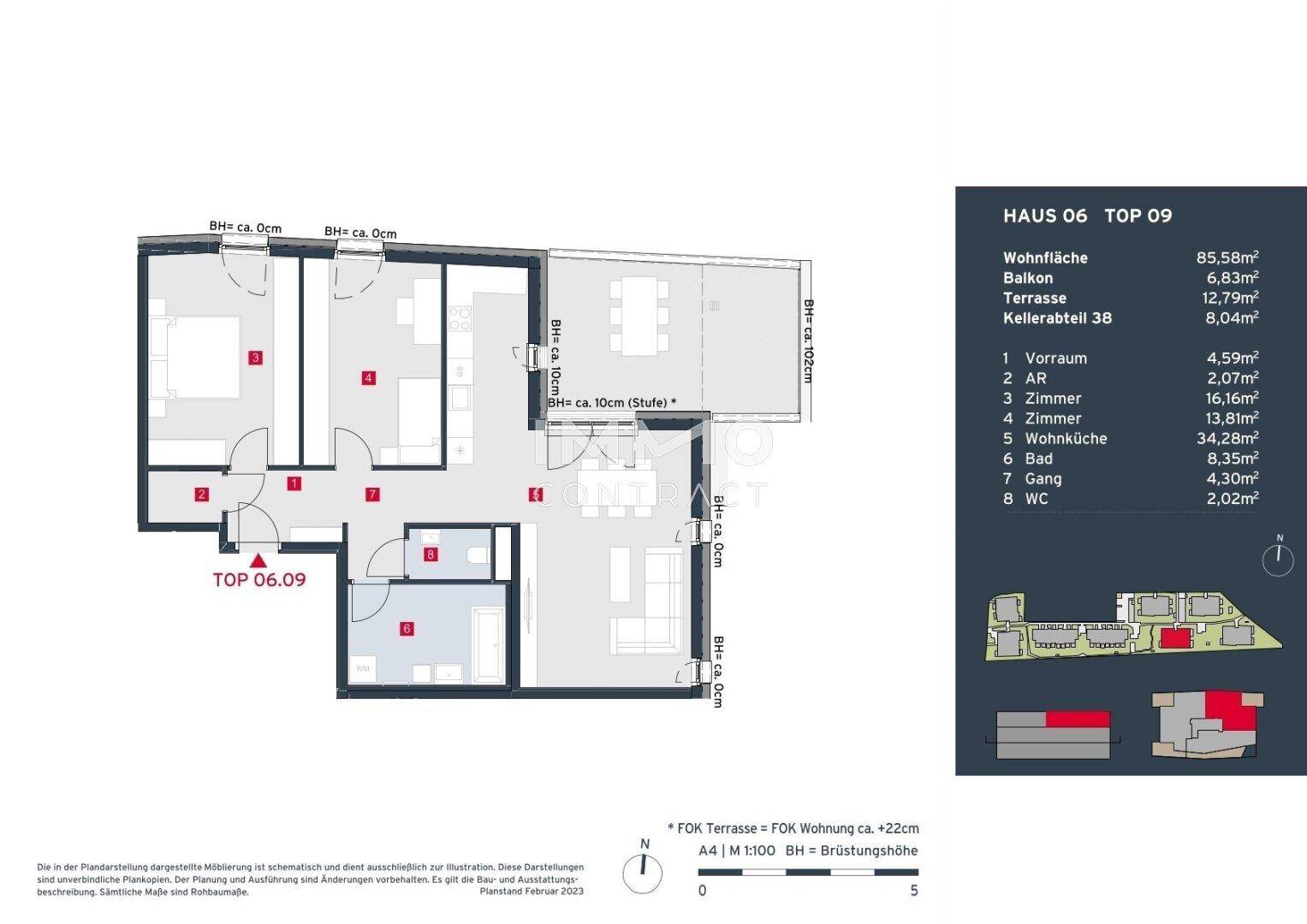Detaillierter Grundriss von Haus 06 Top 09 mit Wohnflächenangaben und Raumaufteilung.