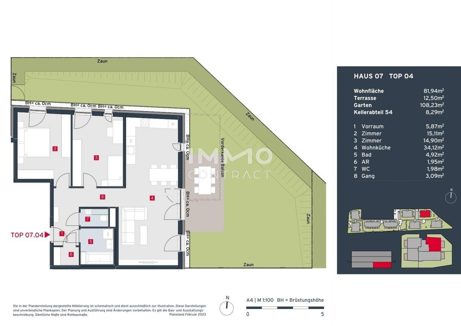 Detaillierter Grundriss der Wohnung TOP 04 mit drei Zimmern, Terrasse und Gartenanteil.