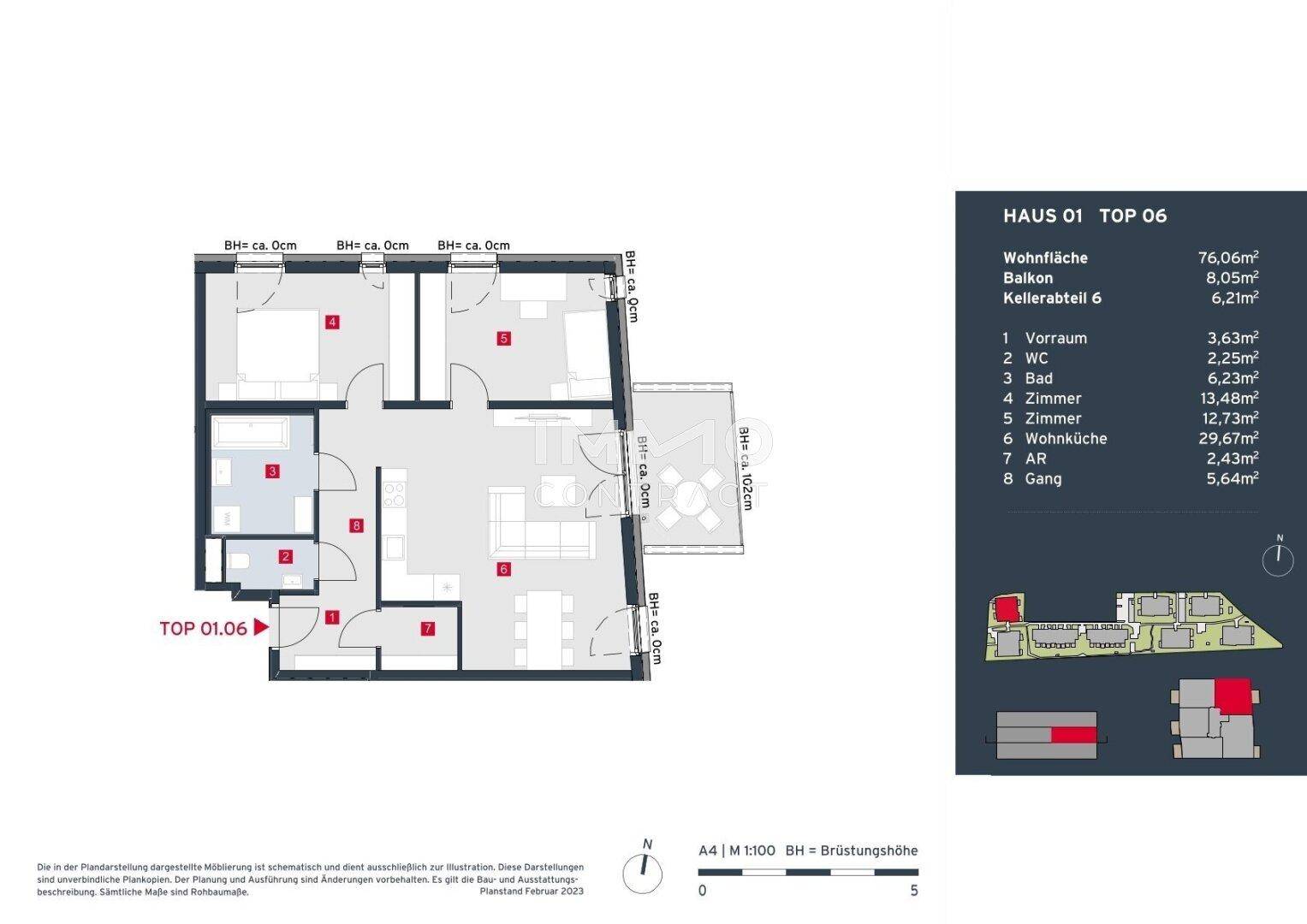 Detaillierter Grundriss der Wohnung Top 06 mit offenem Wohnbereich, Balkon und separatem WC.