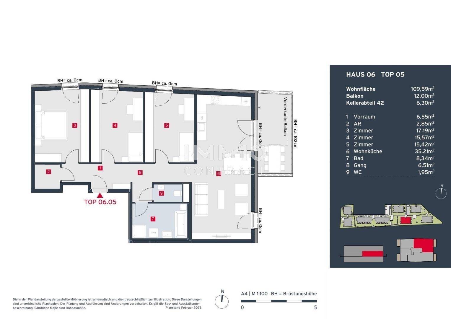 Detaillierter Grundriss von Haus 06, Top 05, mit Wohnfläche und Balkon.