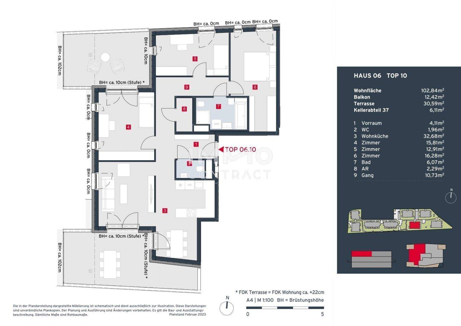 Detaillierter Grundriss von Haus 06 Top 10 mit Wohnflächenangaben und Terrassen.