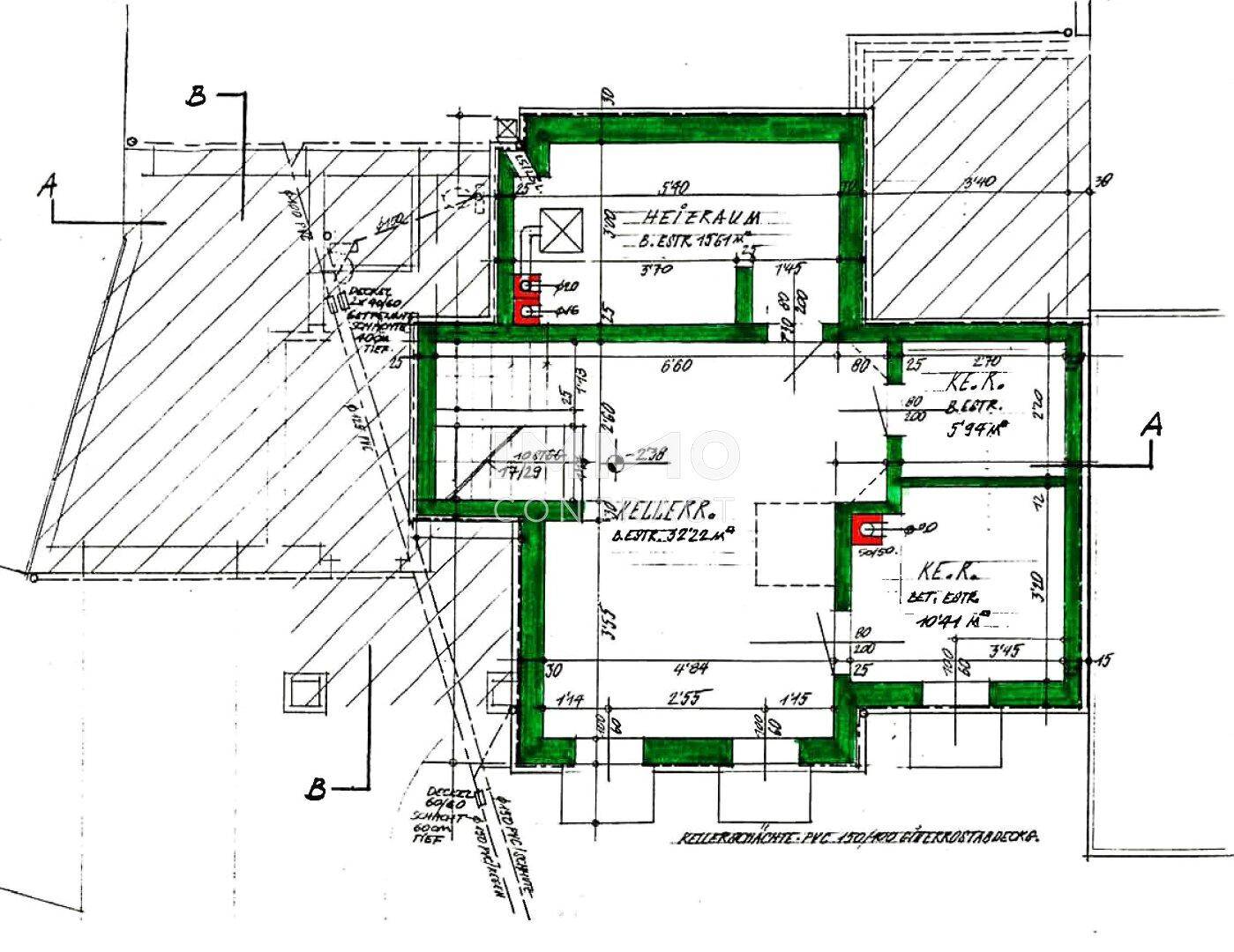 Grundriss des Kellergeschosses mit Heizraum und verschiedenen Kellerräumen, detailliert dargestellt.