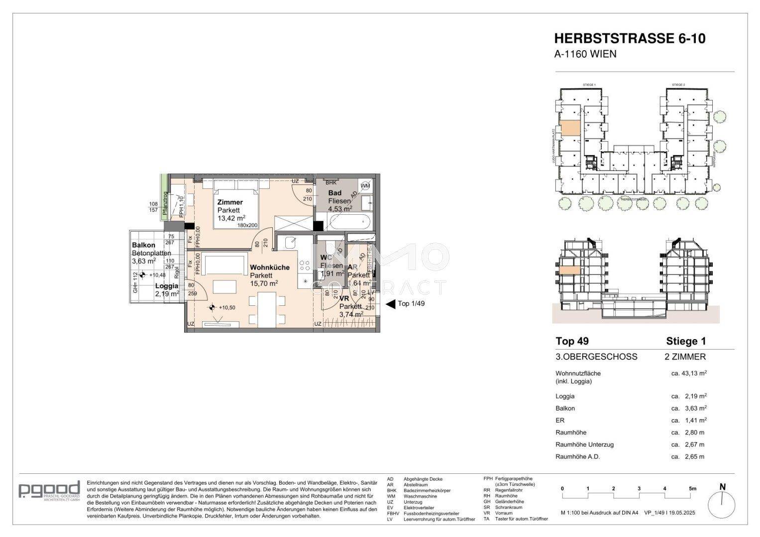 Detaillierter Grundriss einer Wohnung mit Balkon und Loggia im Obergeschoss.