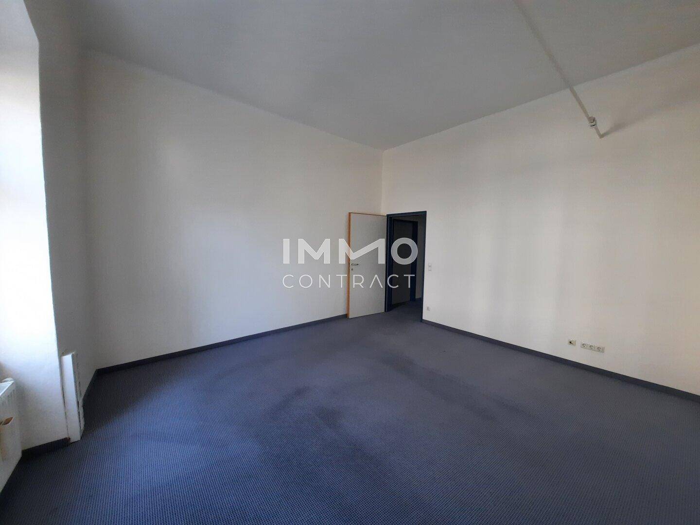 Großer, unmöblierter Raum mit blauem Teppichboden und zwei Türen, ideal für gewerbliche oder private Nutzung.