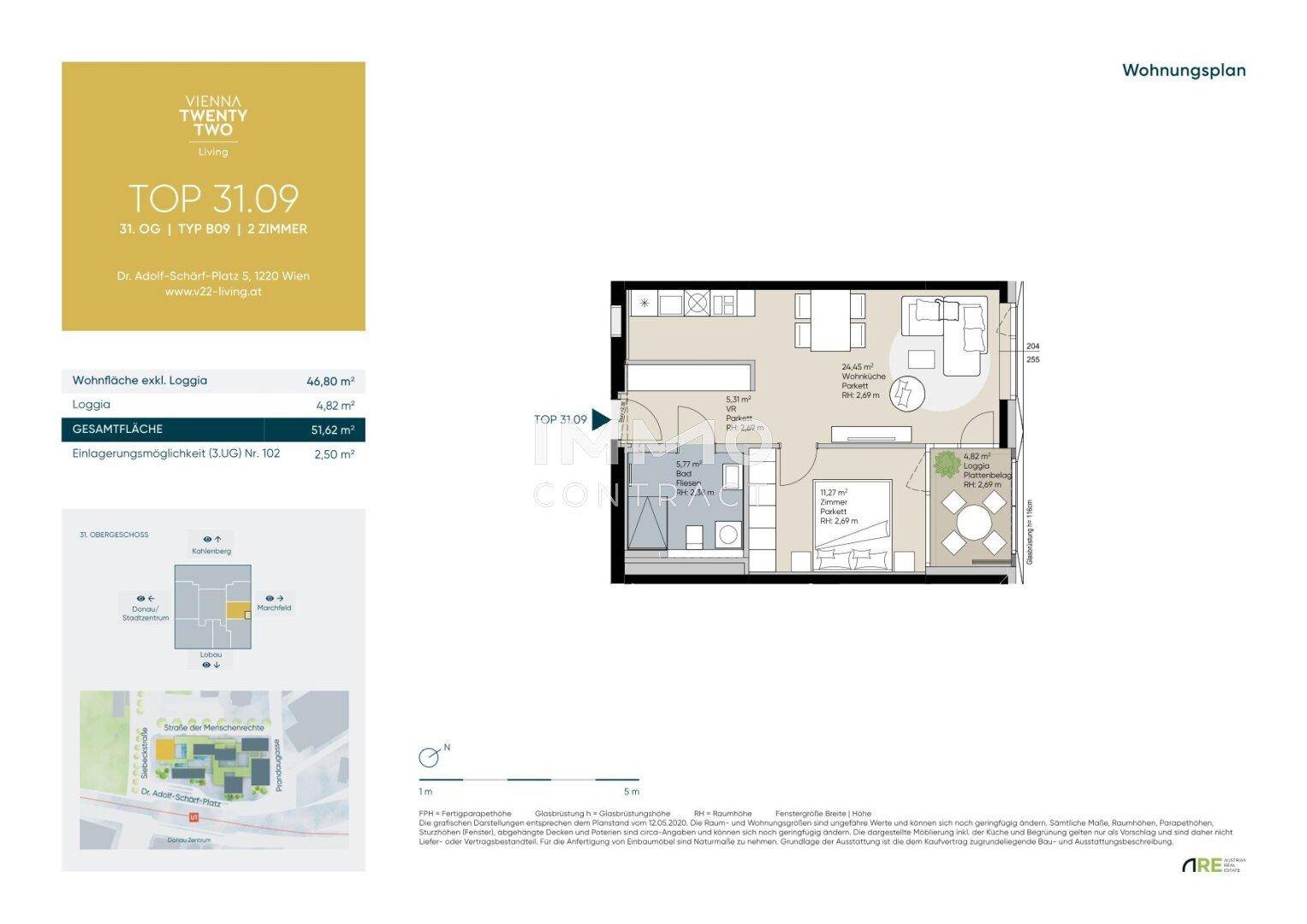 Detaillierter Grundriss einer 2-Zimmer-Wohnung mit Loggia und offenem Wohnbereich.