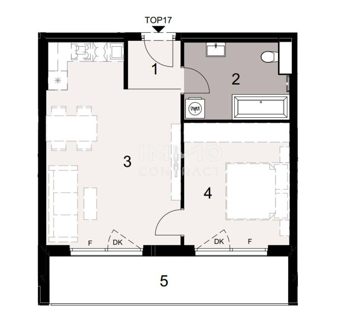 Grundriss der Wohnung TOP17 mit einem Schlafzimmer, Bad und offenem Wohnbereich.