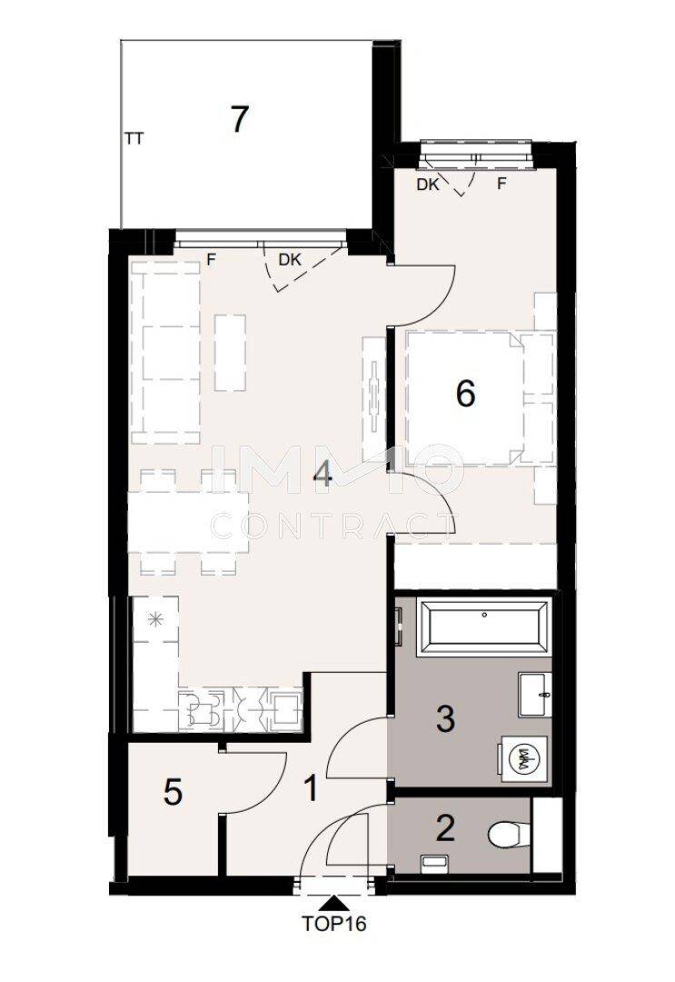 Grundriss einer Wohnung mit Wohnbereich, Schlafzimmer, Bad, separatem WC und Terrasse.