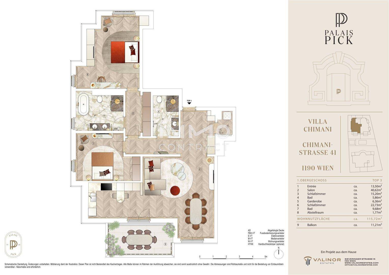 Detaillierter Grundriss einer Wohnung mit mehreren Zimmern und einer großen Terrasse.