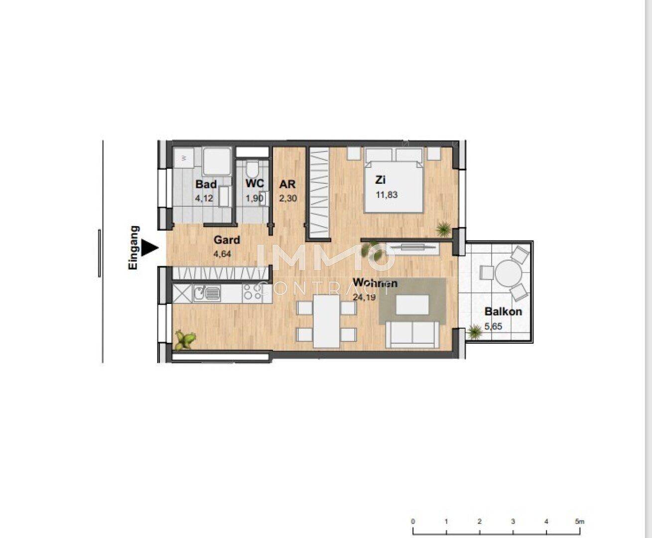 Detaillierter Grundriss einer Wohnung mit Wohnbereich, Schlafzimmer, Bad und Balkon.