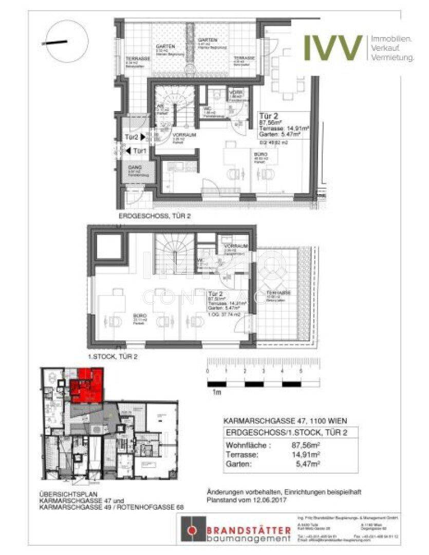 Detaillierter Grundriss über zwei Etagen mit Wohnbereichen, Terrasse und Garten.