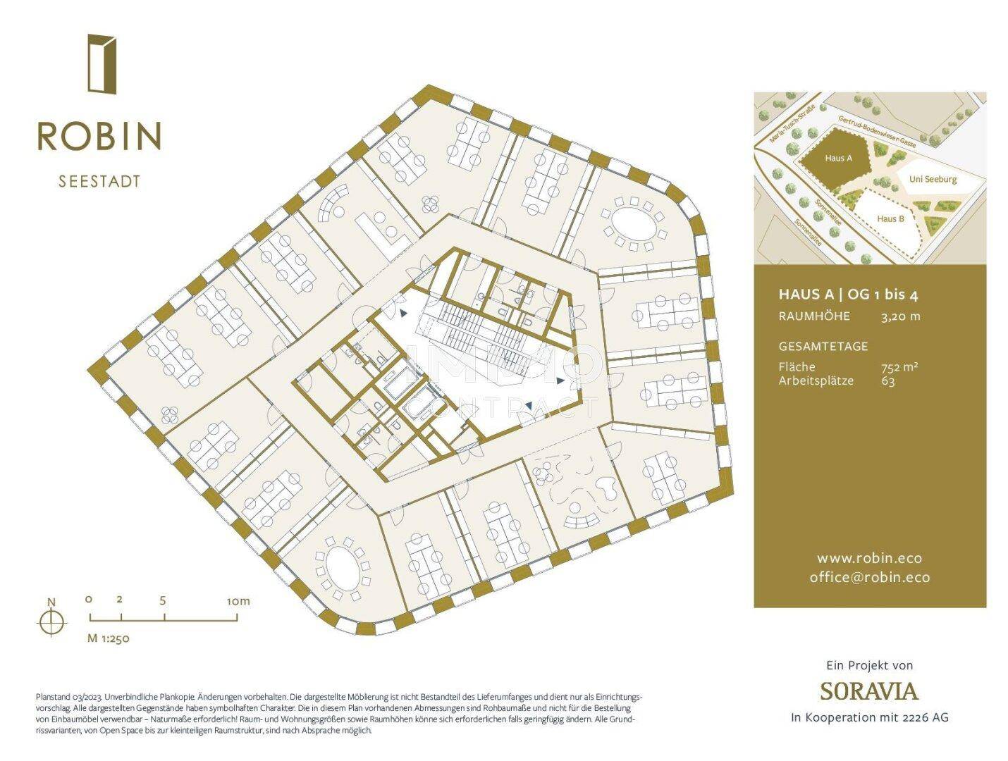Grundriss von Haus A, Obergeschosse 1 bis 4, mit Büroflächen und Gesamtübersicht des Projekts.