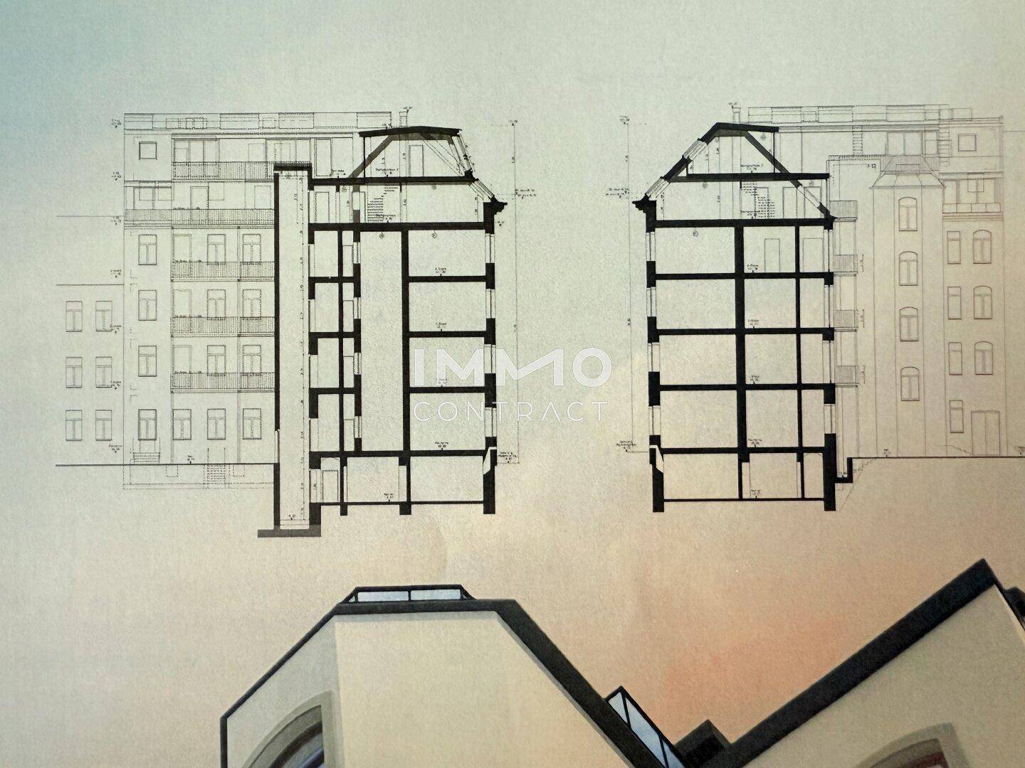 Architektonische Schnittzeichnung eines Gebäudes mit mehreren Etagen und Dachkonstruktion.
