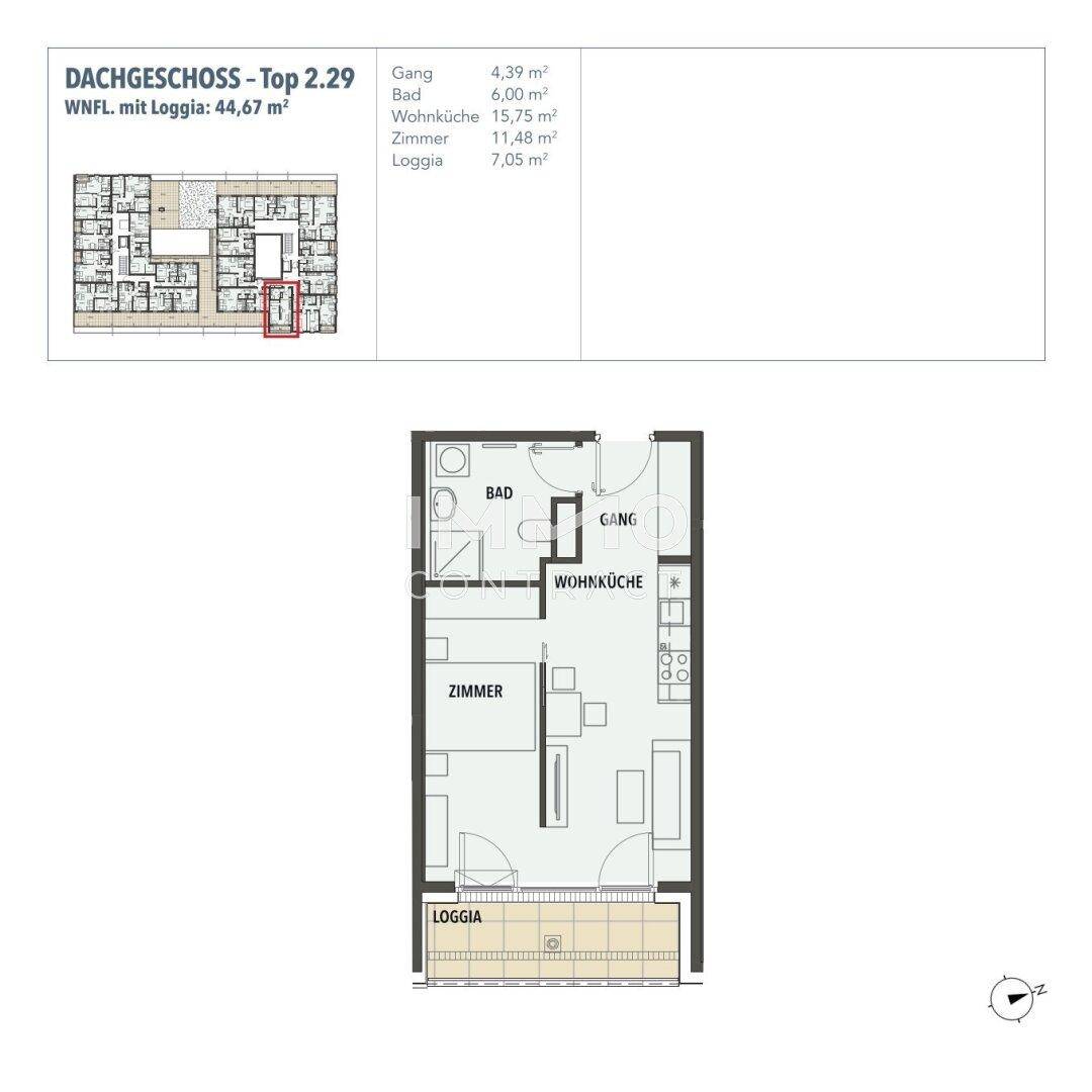 Grundriss einer Dachgeschosswohnung mit Wohnküche, Zimmer und Loggia.
