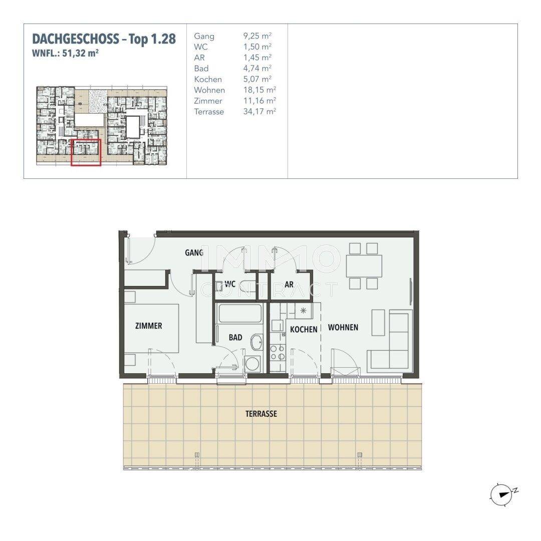 Grundriss des Dachgeschosses Top 1.28 mit Terrasse, Wohnbereich und separatem Zimmer.