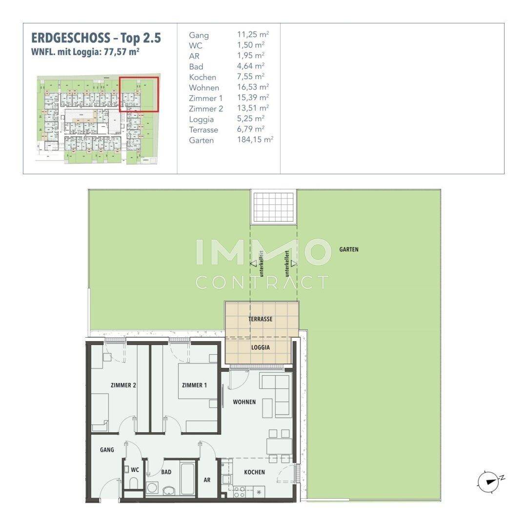 Grundriss der Erdgeschosswohnung Top 2.5 mit Loggia, Terrasse und Garten.