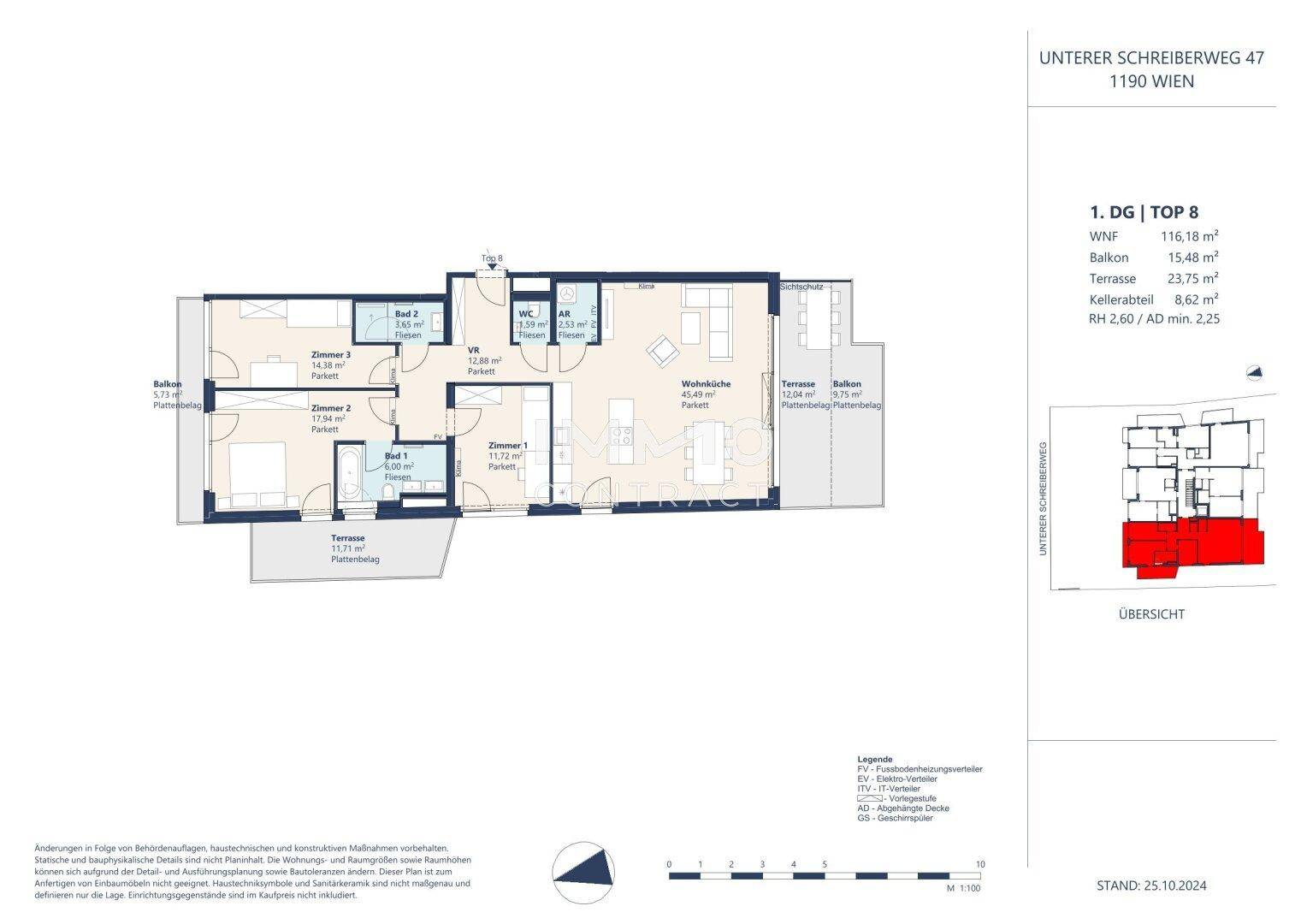 Grundriss einer Wohnung mit mehreren Zimmern, Balkon und Terrasse.