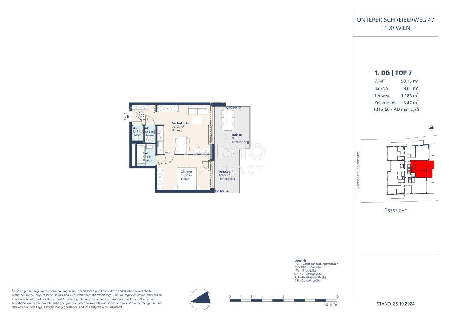 Detaillierter Grundriss einer Wohnung mit Wohnküche, Bad und Balkon.