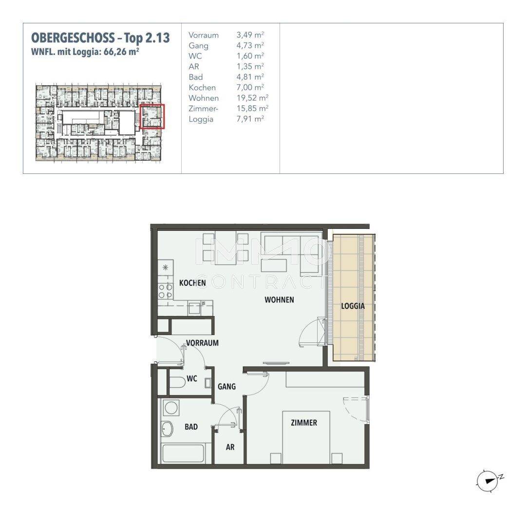 Detaillierter Grundrissplan einer Wohnung mit Loggia, Küche, Wohnzimmer und Schlafzimmer.