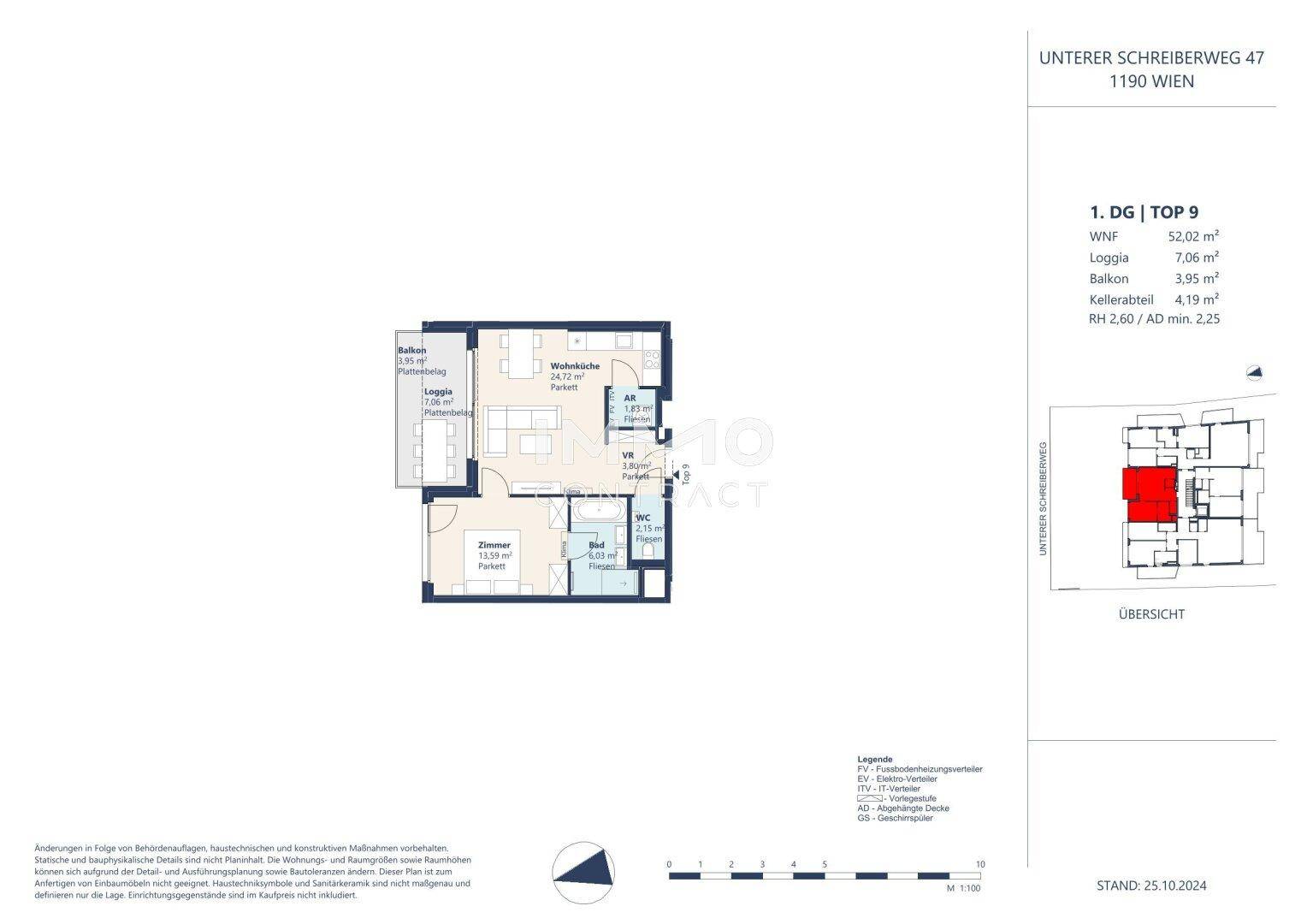 Grundriss der Wohnung Top 9 mit Loggia und Kellerabteil.