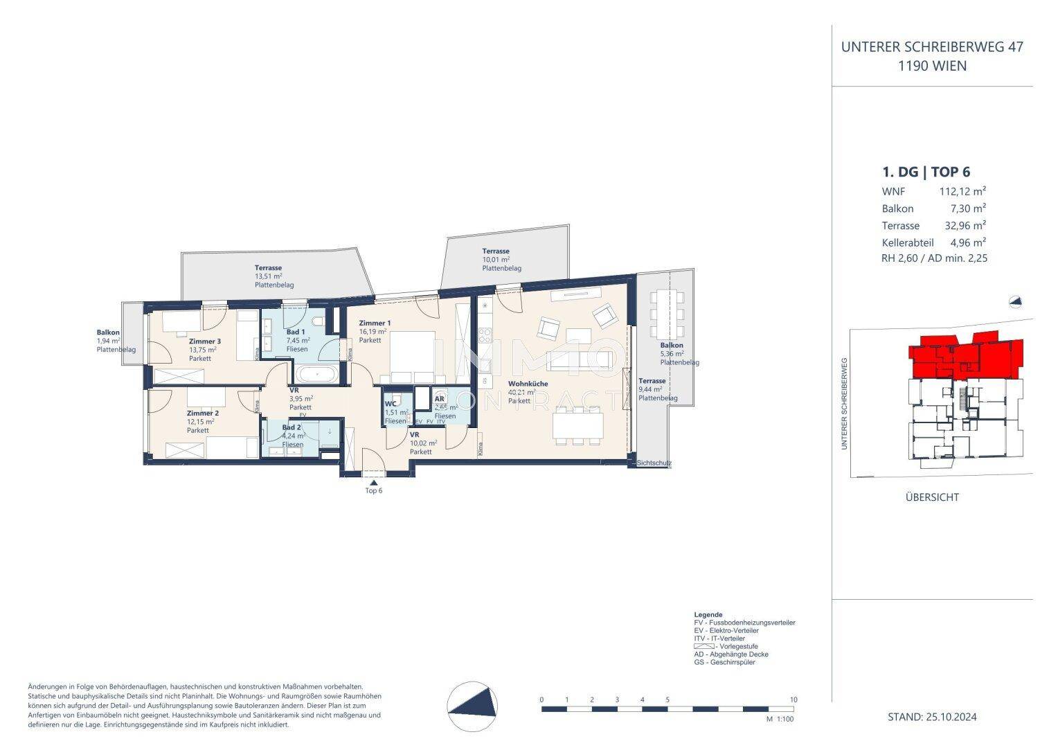 Grundriss der Wohnung mit drei Zimmern, zwei Bädern und mehreren Terrassen.