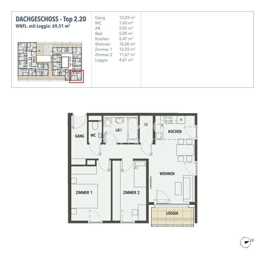 Grundriss einer Dachgeschosswohnung mit zwei Zimmern, offenem Wohnbereich und einer Loggia.