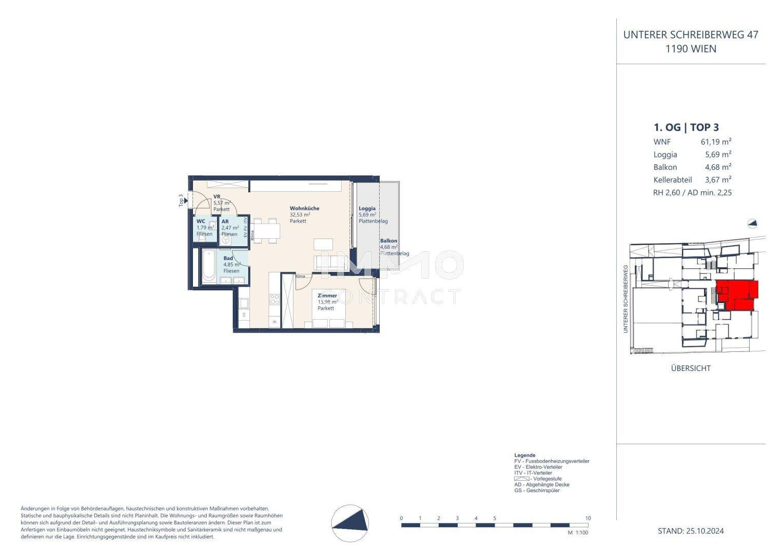 Grundriss der Wohnung Top 3 im ersten Obergeschoss mit Loggia und Balkon, gut aufgeteilt.
