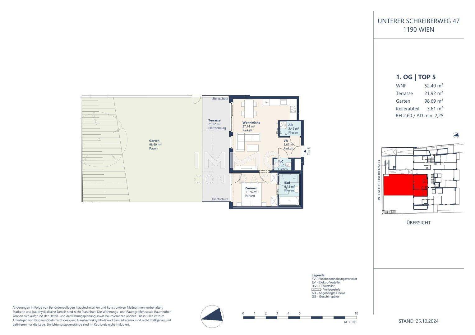 Grundriss einer Wohnung im ersten Obergeschoss mit Terrasse und Gartenanteil.