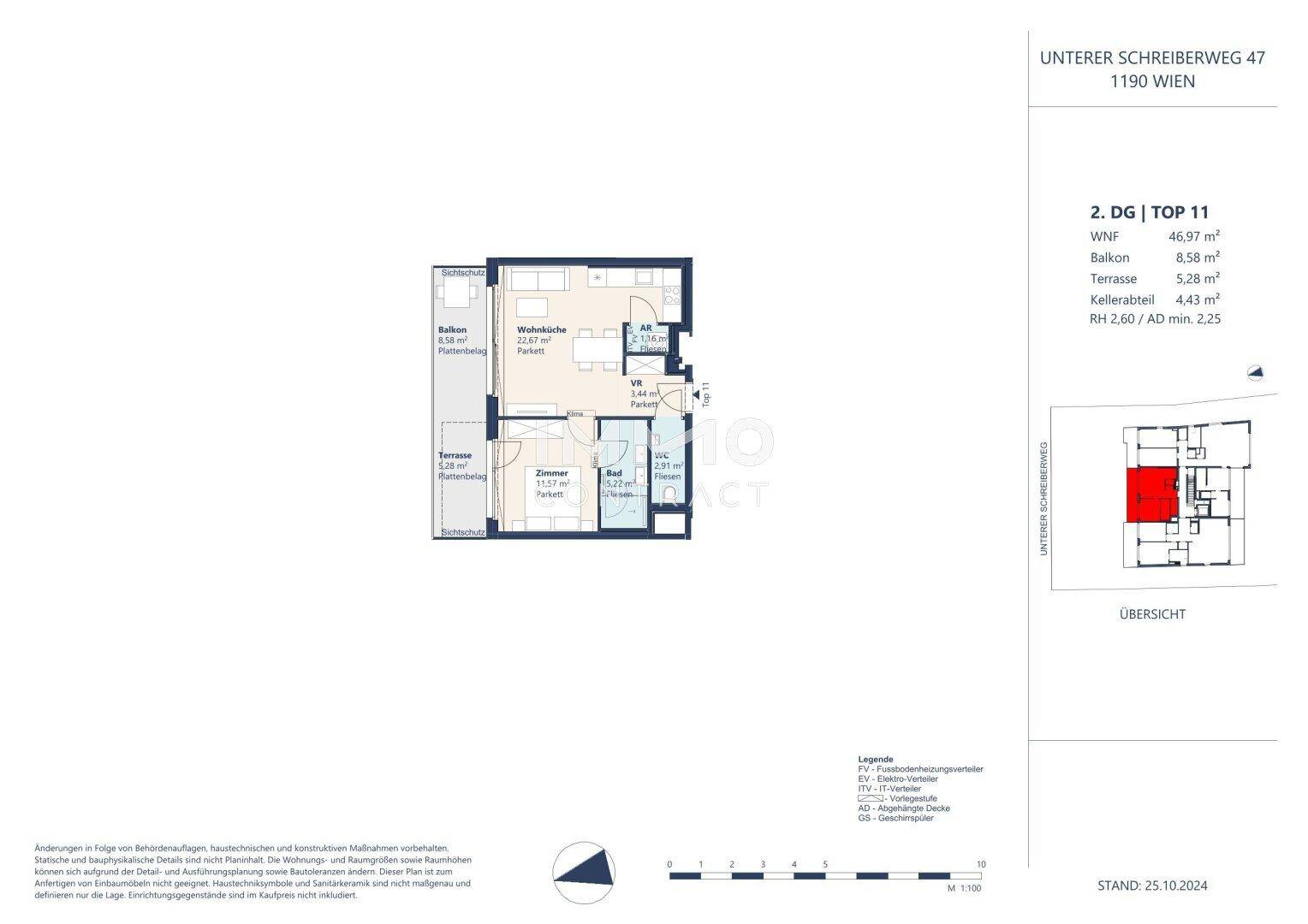 Grundriss der Wohnung mit 46,97 m² Wohnfläche, Balkon und Terrasse.