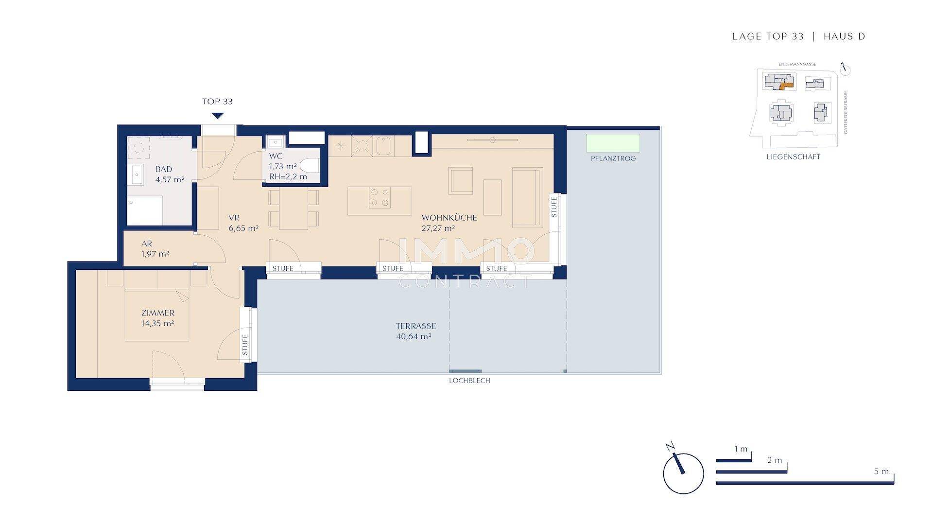 Grundriss einer Wohnung mit Wohnküche, Schlafzimmer, Bad und großer Terrasse.