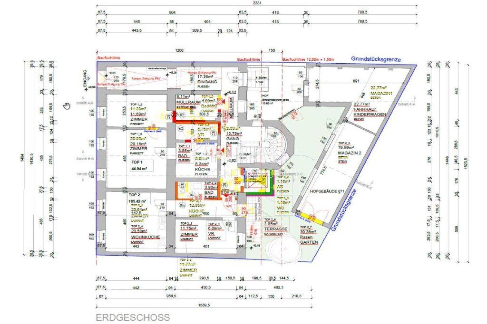 Detaillierter Grundriss des Erdgeschosses mit verschiedenen Wohneinheiten und Gemeinschaftsflächen.