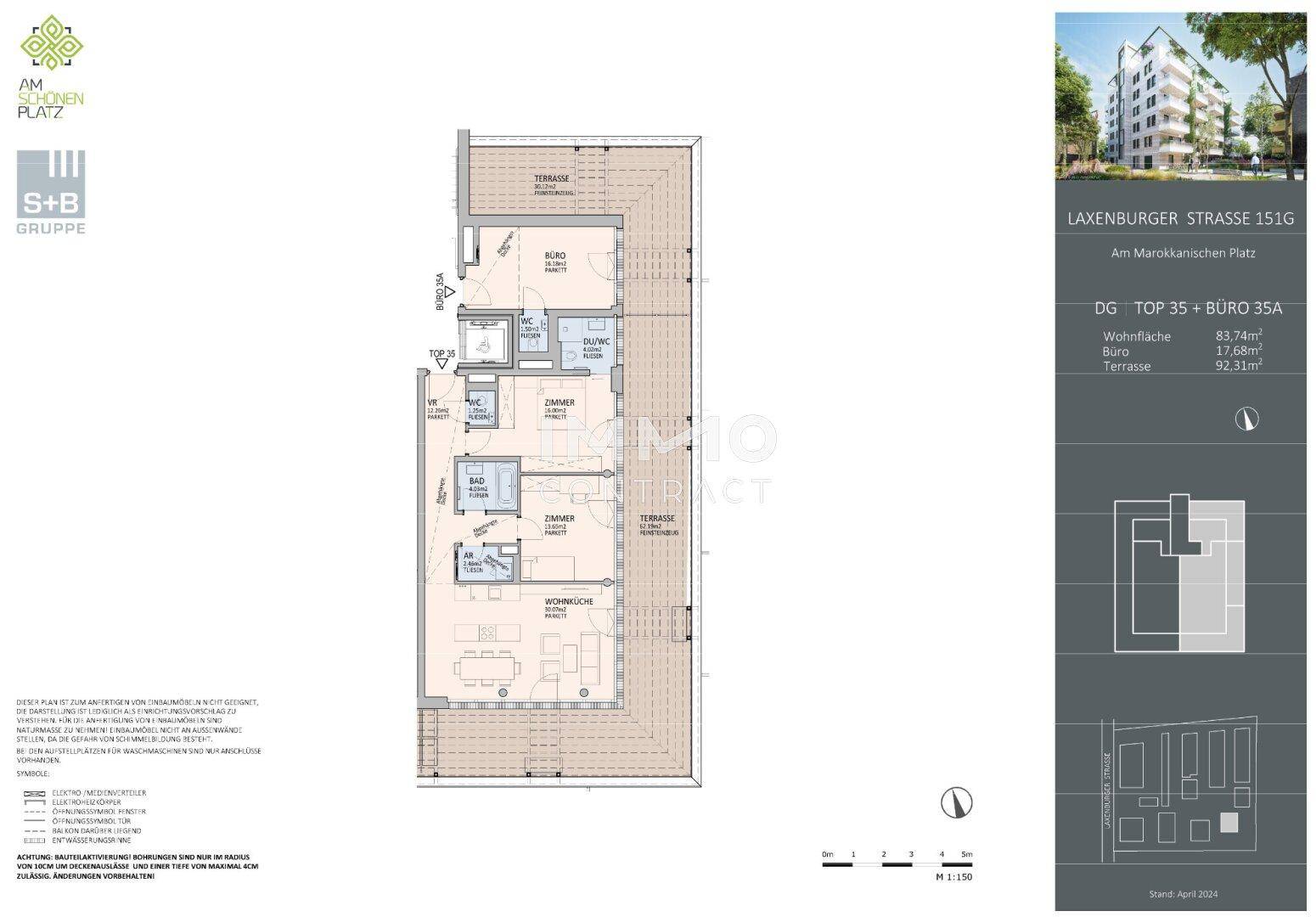 Detaillierter Grundriss einer Wohnung mit großer Terrasse, Büro und mehreren Zimmern auf einer Ebene.