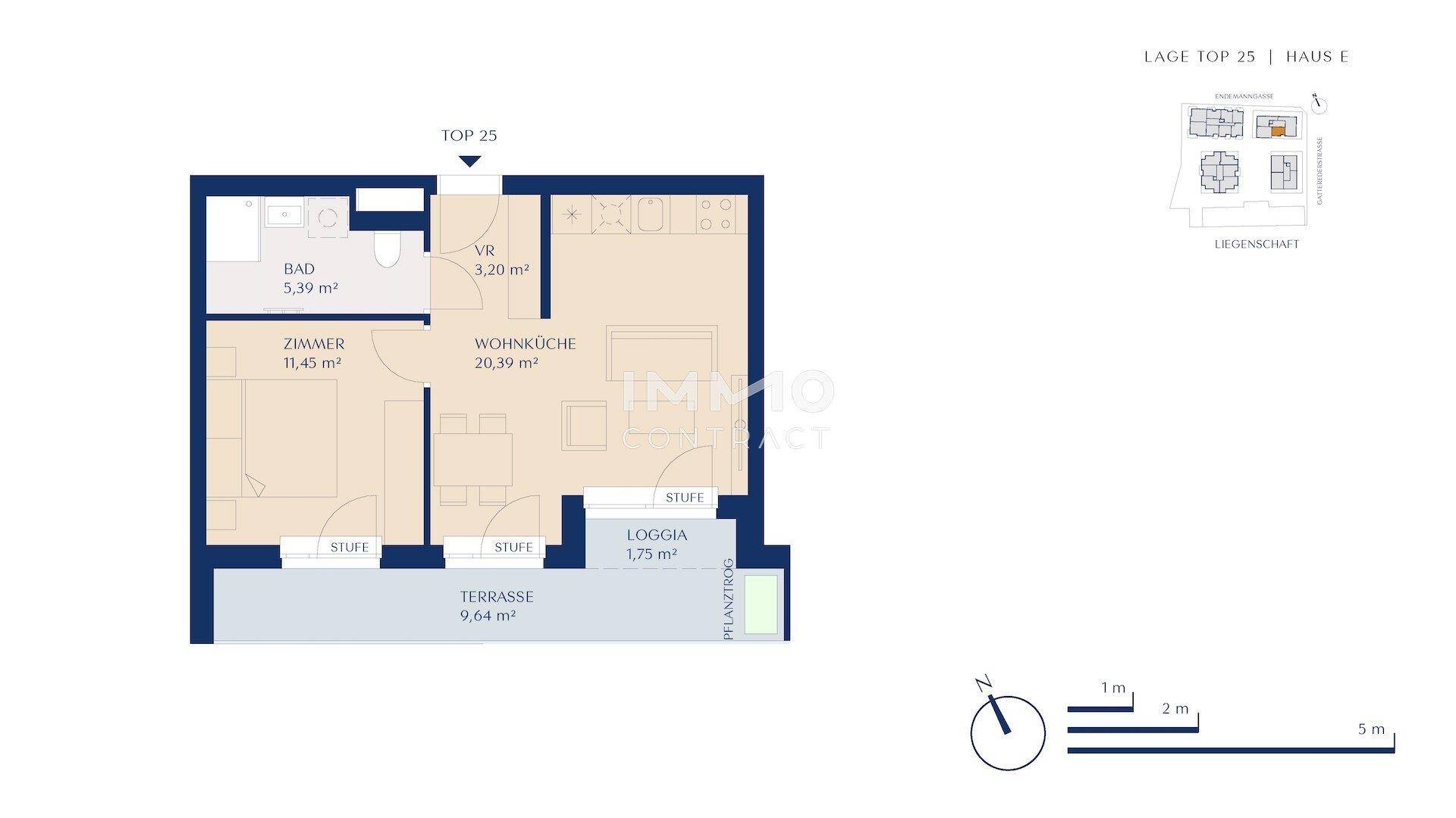Grundriss der Wohnung Top 25 mit Wohnküche, einem Zimmer, Bad, Loggia und Terrasse.