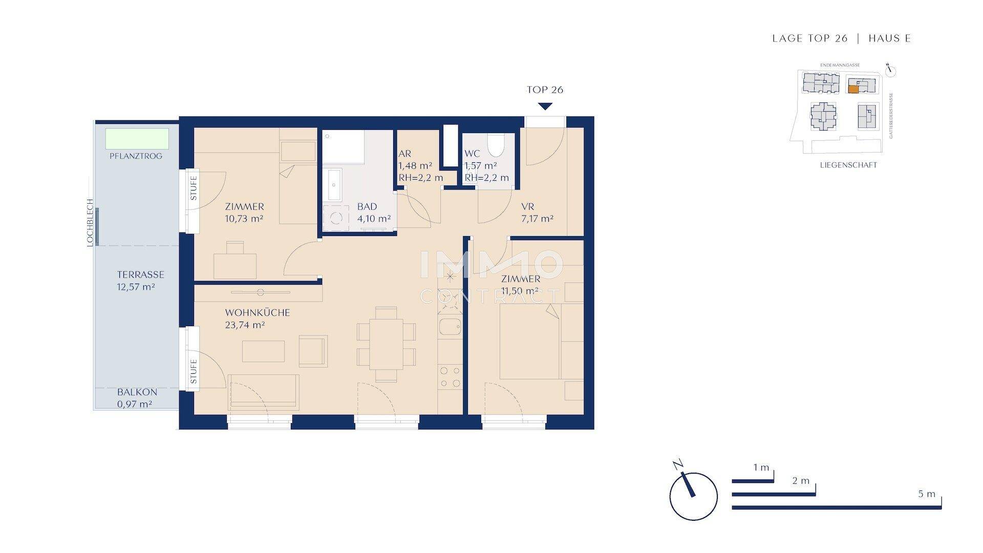 Grundriss der Wohnung Top 26 mit Wohnküche, zwei Zimmern, Bad, WC und Terrasse.